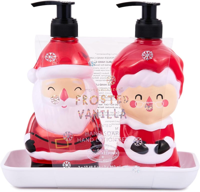 simple pleasures Santa & Mrs. Claus Christmas Holiday 2 Pack Frosted Vanilla Scented Decorative Refillable Soap Dispensers for Kitchen Countertops and Bathroom Sinks - Image 2
